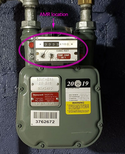Photo showing the AMR location on a natural gas meter